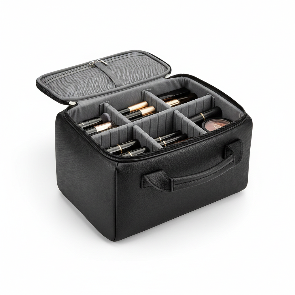 Neceser de viaje negro con divisores ajustables para maquillaje