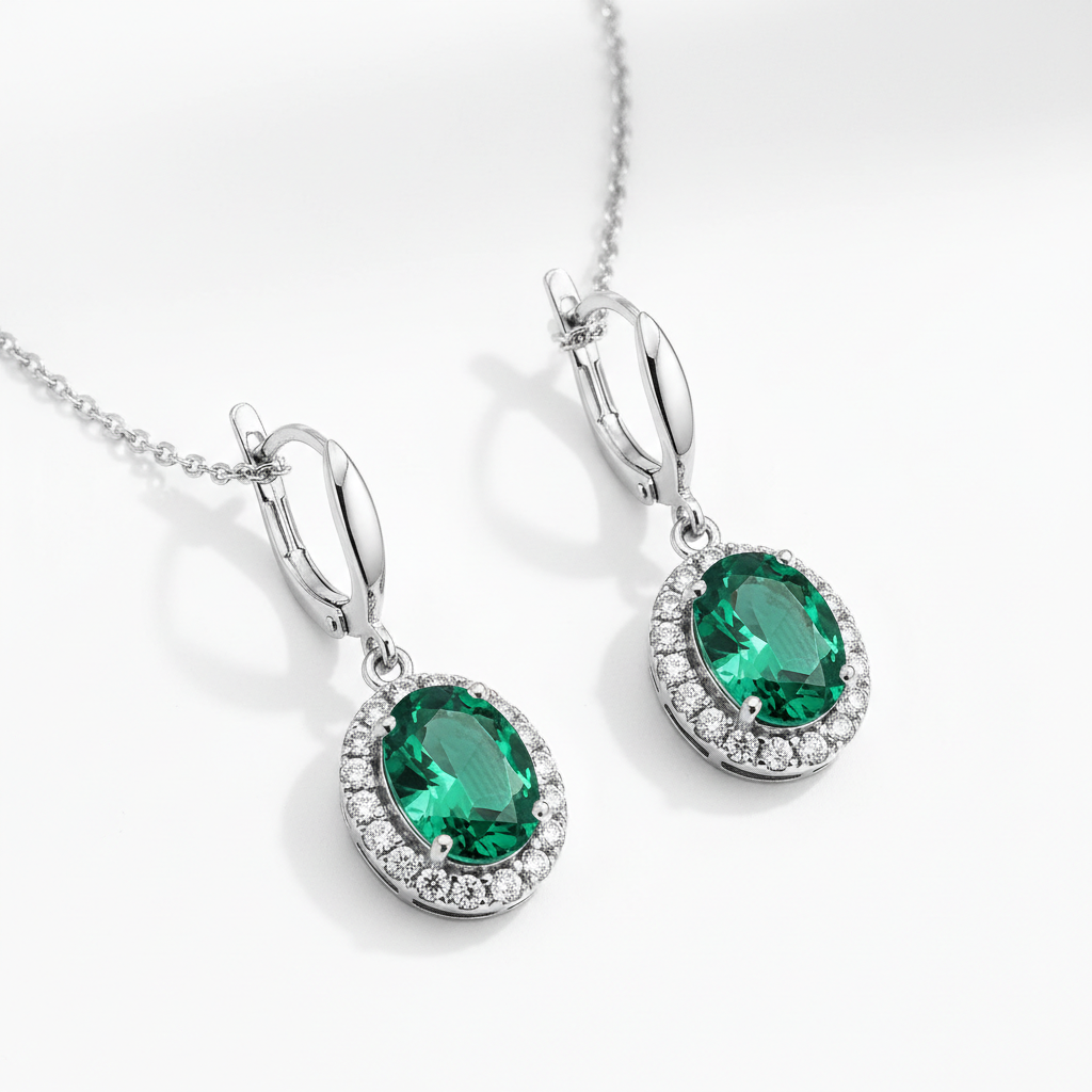 Set de joyería collar y pendientes con piedra verde plata 925